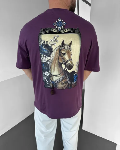 Mor Majestic Horse Premium Oversize Nakışlı T-Shirt
